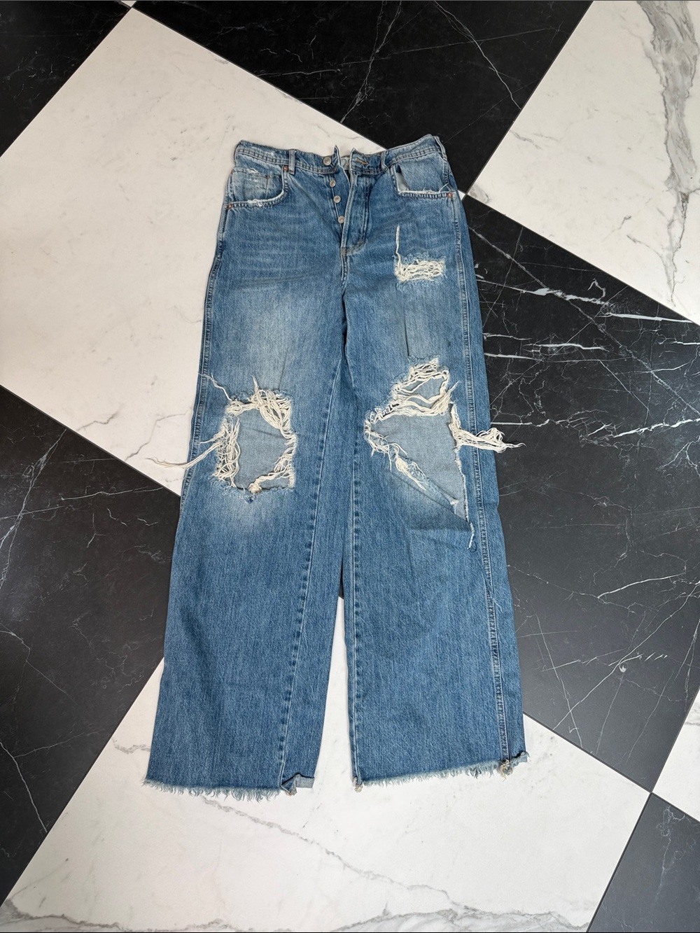 Free People Blue Distressed Boyfriend Jeans
